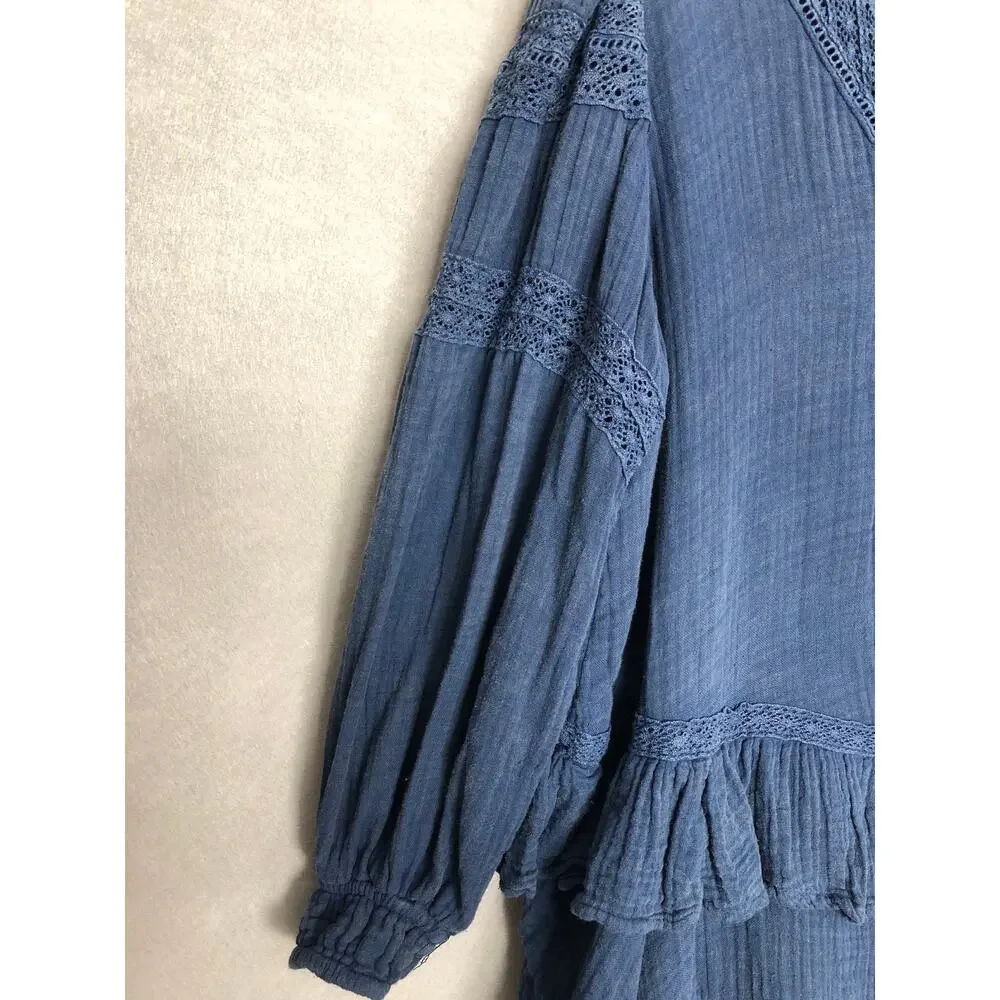 Free People Big Dipper Mini Dress Ruffle Long Sleeve Blue Women's Medium NEW